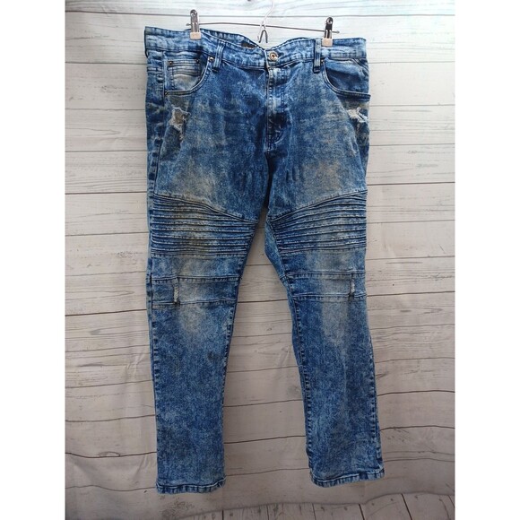 WT 02 Pants Mens Blue Denim Jeans Distressed Acid Wash Cotton Blend 42x32 - Picture 1 of 8
